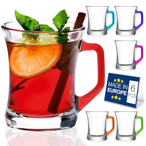 Hakan Manhattan Teetassen aus klarem Glas mit bunten Griffen, Kaffeetassen aus Glas mit Regenbogengriffen, transparente, klare Gläser für heiße und kalte Getränke in Geschenkbox, 6 Stück, 225 ml von Hakan