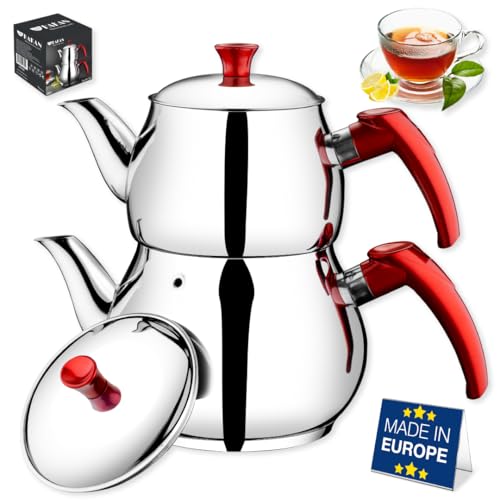 Hakan Midi-Teekannen-Set aus Edelstahl, 2,8 l, mit Selbstsieb, Doppeldeckel, türkischer Samowar-Stil, Teekessel für losen Tee mit rotem Bakelit-Griff, 2,8 l von Hakan