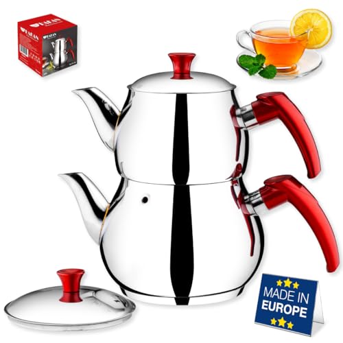 Hakan Mini-Teekannen-Set aus Edelstahl, 2 l, mit Selbstsieb, Doppeldeckel, türkischer Samowar-Stil, Teekessel für losen Tee mit rotem Bakelit-Griff, 2 l von Hakan
