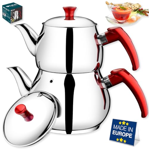 Hakan Teekannen-Set aus Edelstahl, 3,2 l, Maxi-Doppeltee-Teekanne-Set mit Selbstsieb, Doppeldeckel, türkischer Samowar-Stil, Teekessel für losen Tee mit rotem Bakelit-Griff, 3,3 l Hakan Teekannen-Set aus Edelstahl, 3,2 l, Maxi-Doppeltee-Teekanne-Set mit Selbstsieb, Doppeldeckel, türkischer Samowar-Stil, Teekessel für losen Tee mit rotem Bakelit-Griff, 3,3 l von Hakan