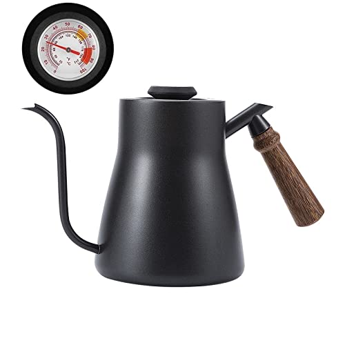 850 ml Kaffeekessel mit Schwanenhals und Holzgriff, Edelstahl mit/ohne Thermometer, Gießkanne, aufwändiges Ausgussdesign, rutschfester Boden, mattschwarz(Mit Thermometer) von Hakeeta