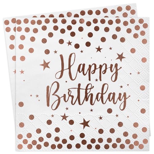 40Stück Servietten Geburtstag, Hakiwina Happy Birthday Servietten Roségold Einweg Papierserviette für Tischdeko Frau Mädchen Kinder Geburtstagsservietten 33 x 33cm Napkins Party Deko von Hakiwina