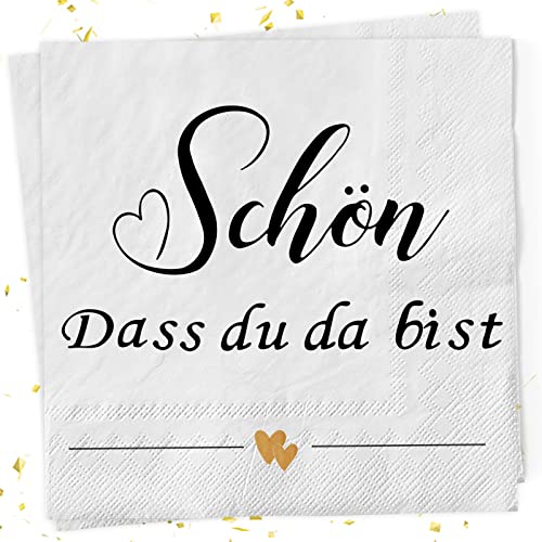 40Stück Servietten Schön dass du da bist mit Gold Herz, Hakiwina Party Tischdeko für Hochzeit Taufe Babyparty Konfirmation Kommunion Baby Shower 3-Lagig Papierserviette Einweg Napkins Tisch Deko von Hakiwina