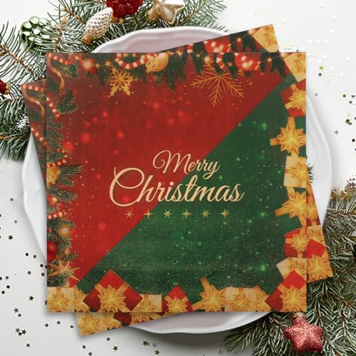 80 Stück Weihnachtsservietten, Weihnachtsdekorationen, Rot, Gold, Grün, Papierservietten mit glänzenden Frohe Weihnachten-Servietten, Einweg-Tissue-Tischdekoration für Urlaub, Abendessen, Mittagessen, von Hakiwina