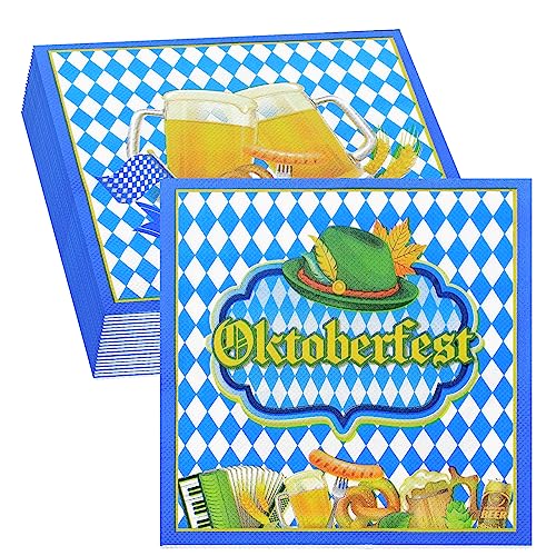 Oktoberfest Servietten, 80Stück Bayrische Deko Oktoberfest Bayern Tischdeko Blau Weiß Oktoberfestdeko für Bierzelten Bier Festival München Bayernraute Bayerische Tisch Dekoration 33x33cm von Hakiwina