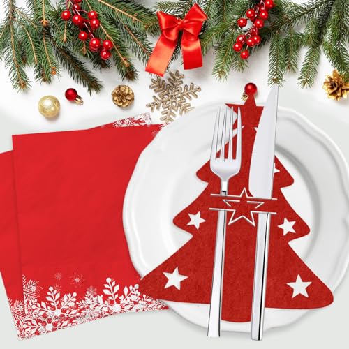 Besteckhalter Weihnachten Filz 12Stück und Servietten Weihnachten 20Stück Set, Weihnachten Tischdeko Rot Weihnachtsbaum Bestecktasche mit Stern Weihnachts Besteck Dekoration für Weihnachten Party von Hakiwina