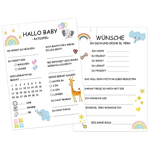 Hakiwina Babyparty Ratespiel, 25Stück Baby Party Spiele Karten zum Ausfüllen Baby Shower Deko Mädchen Junge Neutral Lustig Tippkarten Prediction Cards Gender Reveal Party Games Set von Hakiwina