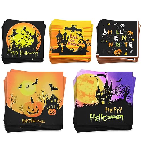 Halloween Servietten 100 Stück, Hakiwina Halloween Tischdeko für Halloween Party Supplies Papierserviette Einweg Napkins mit Kürbis Fledermaus Spinne Gruselig Happy Halloween Tisch Dekorationen von Hakiwina