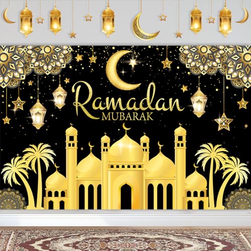 Ramadan Deko, Eid Mubarak Dekoration Banner Hintergrund für Eid Al Fitr Party Ramadan Kareem Schwarz Gold Stoff Banner mit Moon Lampe Sterne Islam Wohnzimmer Deko Partyzubehör Extra Große von Hakiwina