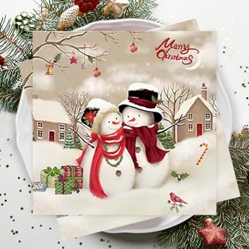 Servietten Weihnachten, 80Stück Tischdeko Weihnachten Party Papierservietten Weiß mit Schneemänner Tisch Dekoration Dekorativ Einweg Servietten für Silvester Winter Feiertag Geburtstag 33x33cm von Hakiwina