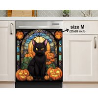 Schwarze Katze Sitzt Mit Kürbissen Buntglas Halloween Geschirrspüler Abdeckung, Magnet Aufkleber, Housewarminggeschenke, Küchen Dekor von HakkiAsanStudio