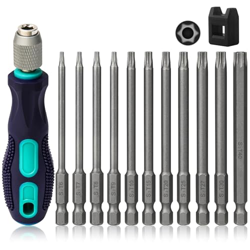 Hakkin 12 Stück T6-T40 Torx Schraubendreher Set, 1/4" 100mm Lang Magnetische Torx Set mit Loch S2 Stahl Sechskant Elektrische Schraubendreher Bit Satz für Akkuschrauber T20 T25 Schraubendrehersatz von Hakkin