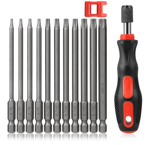 12 Stück Torx Schraubendreher Set Hakkin T6-T40 Torx Bit Set 1/4" 100mm Lang Magnetische Schraubendrehersatz mit Loch S2 Stahl Sechskant Schraubendreher Bitsätze für Akkuschrauber von Hakkin