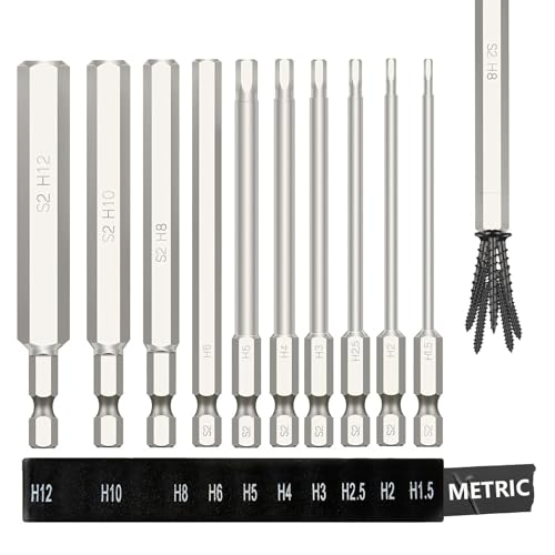 Hakkin 10 Stück 100 mm Sechskant Bit Set Lange Hex Bitsatz für Akkuschrauber,1/4" Magnetische S2 Hexagon Innensechskant Schraubendreher Bit Set H1,5/H2/H2,5/H3/H4/H5/H6/H8/H10/H12 von Hakkin