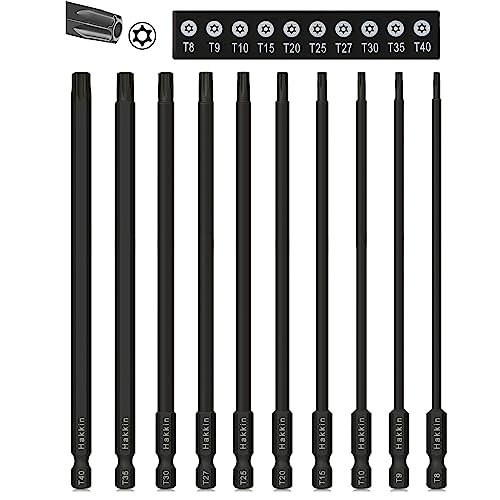 Hakkin 10 Stück 150mm Torx Schraubendreher Bits Set,Bitsatz Lang mit Loch 1/4" Magnetischer S2 Schlagschrauber Bohrer Elektrischer Schraubendreher Akkuschrauber T8,T9,T10,T15,T20,T25,T27,T30,T35,T40 von Hakkin