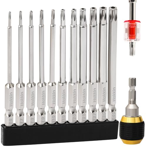Hakkin 11 Stück T6-T40 75mm Torx Bit Set Lang mit Loch 1/4" Torx Schraubendreher Bitset für Schlagschrauber S2 T20 T25 T40 Sternschraubenzieher mit Bit Bithalter magnetisch Bitsatz für Akkuschrauber von Hakkin