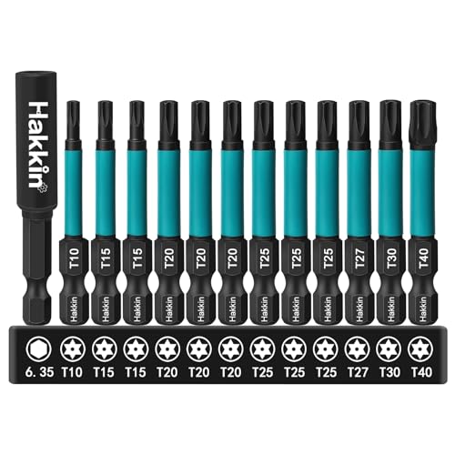 Torx Bit Set Lang Hakkin 12 Stück 55 mm Torx Schraubendreher Set Bits Set Bitsatz für Akkuschrauber 1/4" Magnetische Bits S2 Bitsatz Lang mit Bit Verlängerung T10 T15 T20 T25 T27 T30 T40 von Hakkin