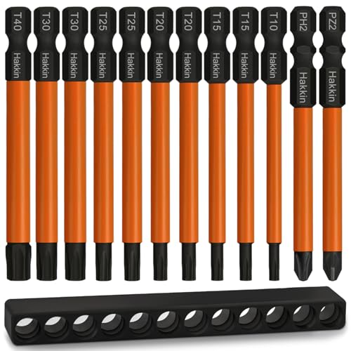 Hakkin 12 Stück Torx Bits Set,1/4" Kreuzschlitz Pozidriv Schraubendreher 75 mm Lang Bitsatz für Akkuschrauber PZ2 PH2 T10 T15 T20 T25 T30 T40 S2 Schlagschrauber Schraubenzieher Set von Hakkin