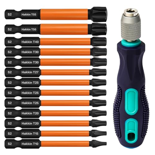 Hakkin 13 Stück Torx Bit Set Lang 75mm mit Loch T10 T15 T20 T25 T27 T30 T40 T50 T55 Bitsatz für Akkuschrauber 1/4" Torx Schraubendreher Bitset für Schlagschrauber S2 Sternschraubenzieher von Hakkin
