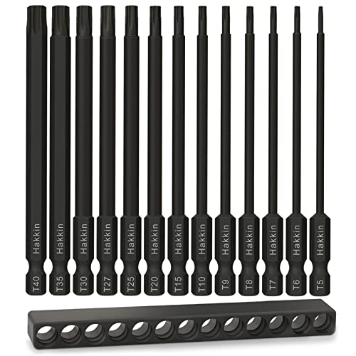 Hakkin 13 Stück T5-T40 Torx Schraubendreher Bits Set, 100 mm Torx Bitsatz Lang mit Loch Set 1/4" Magnetischer S2 Stahl Schlagschrauber Bohrer fur Elektrischer Schraubendreher Akkuschrauber T20 T25 von Hakkin