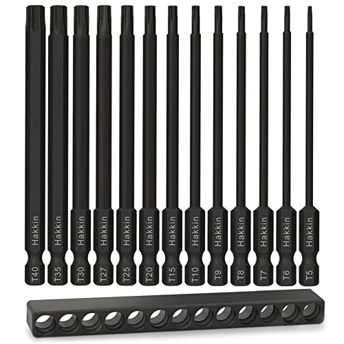 Hakkin 13 Stück T5-T40 Torx Schraubendreher Bits Set, 100mm Torx Bitsatz Lang mit Loch Set 1/4" Magnetischer S2 Stahl Schlagschrauber Bohrer fur Elektrischer Schraubendreher Akkuschrauber T20 T25 von Hakkin