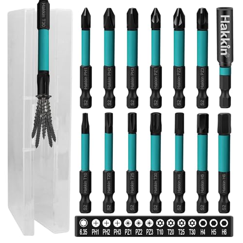 Torx Bits Set Lang Hakkin 13 Stück 60 mm Hex Bitsatz für Akkuschrauber Kreuzschraubendreher Schraubendreher Bits 1/4" S2 Pozidriv Phillips Schraubenzieher mit Bithalter T10 T20 T25 PH2 PZ2 H3 H4 H5 von Hakkin