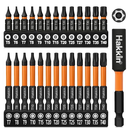 Hakkin Torx Bit Set Lang T5-T40 Bitsatz für Akkuschrauber 27 Stück 25 + 60 mm 1/4" S2 Torx Impact Schraubendreher Set mit Magnetische Bithalter T6 T7 T8 T9 T10 T15 T20 T25 T27 T30 T35 von Hakkin