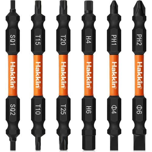 Hakkin 6 Stück Doppelend Schraubendreher Bit Set S2 Stahl Torx 75mm Bits Set Lang Roberston Vierkant Stern Bit 1/4 Spezial Bitsatz für Akkuschrauber PH2 PH1 SL6 SL4 SQ1 SQ2 T15 T20 T20 T25 H4 H6 von Hakkin
