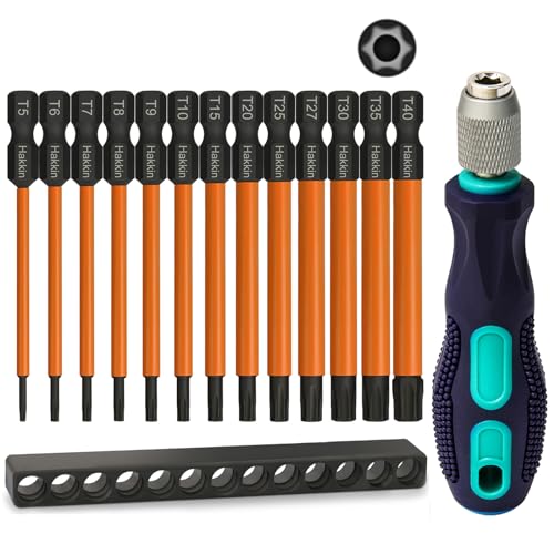 Hakkin T5-T40 Torx Bit Set Lang 75mm 13 Stück 1/4" Torx Schraubendreher Set Magnetische Sternschraubenzieher mit Loch S2 Stahl Sechskant Schraubendreher Bitsätze mit Handgriff T20 für Akkuschrauber von Hakkin