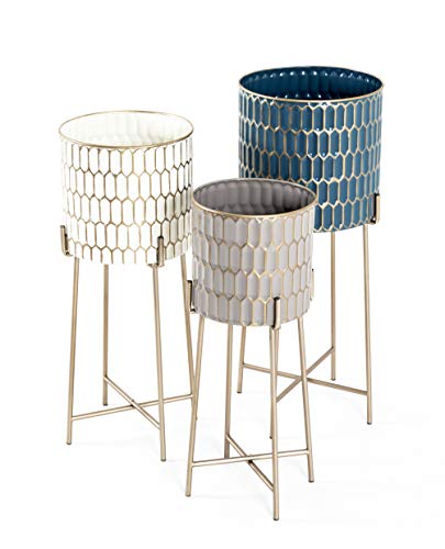 HAKU Möbel Blumensäule 3er Set Creme, Gold, Petrol, Taupe, Metall - Maße: H 59/64/70 cm x Ø 22/26/29 cm, Style: Art Deco von HAKU Möbel