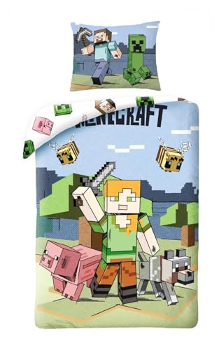 Alex Compatible Minecraft – Bettwäsche-Set für Einzelbett, Bettbezug 140 x 200 cm + passender Kissenbezug 70 x 90 cm – 100% Polyester von Halantex
