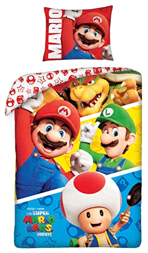 Nintendo Super Mario Bros Film Gang Einzelbettbezug & Kissenbezug Set - weicher & atmungsaktiver Bettbezug mit Kissenbezug aus 100% Baumwolle - Wendebettbezug für Kinder, Mädchen & Jungen von Halantex