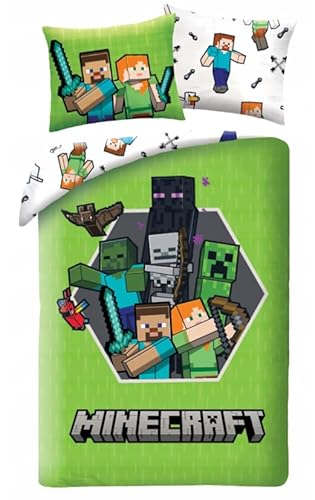 Bettwäsche Minecraft – 140 x 200 cm + 70 x 90 cm – 100 % Polyester Mikrofaser – Bettbezug + Kissenbezug – Pixelisiertes Universum und Ikonische Monster von Halantex