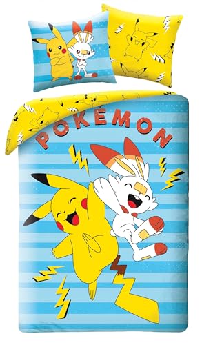 Halantex Bettwäsche Pokemon Pikachu und Flambino, 100% Baumwolle, wendbarer Bettbezug 140 x 200 cm + Kissenbezug 65 x 65 cm von Halantex