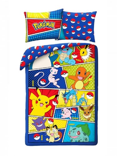 Bettwäsche-Set Pokemon Figuren Kanto – Bettbezug 140 x 200 cm + Kissenbezug 70 x 90 cm – wendbar – 100 % Baumwolle – mehrfarbig von Halantex
