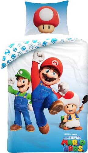 Halantex Bettwäsche Super Mario für Einzelbett, wendbar, 140 x 200 cm + Kissenbezug, Mario, Luigi und Toad, SMM009 von Halantex