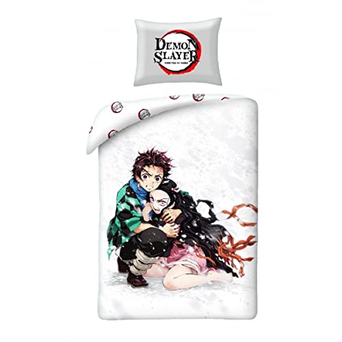 Demon SLAYER Kamado und Nezuko Bettwäsche-Set 2 Figuren - 2 Stück Bettbezug 140 x 200 cm + Kissenbezug 70 x 90 cm - Mehrfarbig - 100 % Baumwolle von Halantex