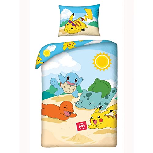Halantex Pokemon Pikachu Bettwäsche 2 TLG Kinderbettwäsche 140x200 + 70x90 cm Kissenbezug beige blau gelb Baumwolle Öko-Tex von Halantex