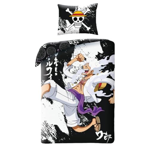 Halantex Bettwäsche-Set ONE PIECE Monkey D. Luffy GEAR5 - Bettbezug 140 x 200 cm mit Kissenbezug 70 x 90 cm - 100 % Baumwolle Oeko-Tex - Schwarz von Halantex