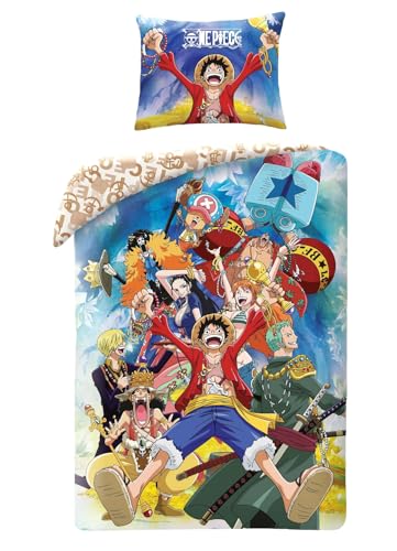 Halantex Bettwäsche-Set One Piece Monkey D. Luffy und verschiedene Charaktere – Bettbezug 140 x 200 cm mit Kissenbezug 70 x 90 cm – 100 % Polyester, mehrfarbig von Halantex
