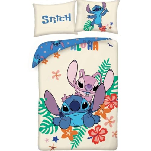 Halantex Bettwäsche-Set Stich und Angel – von Lilo und Stitch – wendbarer Bettbezug 140 x 200 cm und Kissenbezug 70 x 90 cm – Mehrfarbig – 100 % Baumwolle von Halantex