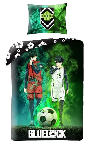 Halantex Blue Lock 2 Figuren Fußball- Bettwäsche-Set aus Baumwolle - Bettbezug 140 x 200 cm und Kissenbezug 70 x 90 cm - Mehrfarbig von Halantex