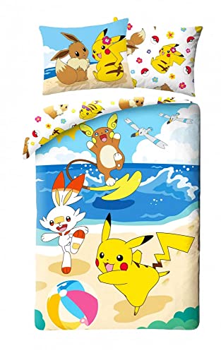 Halantex Pokemon Bettwäsche Set, 2 Stücke, 135x200 cm + Kissen 80x80 cm · Pokémon Pikachu, Raichu und Scorbunny · Kinder-Bettwäsche 100% Baumwolle von Halantex