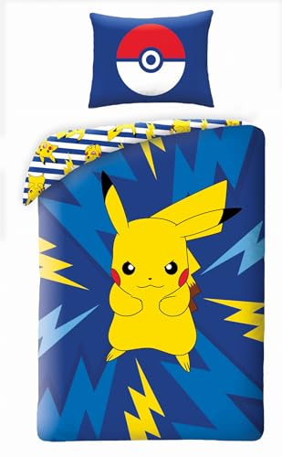 Halantex Wendebett-Set POKEMON PIKACHU ELEKTRISCH – Einzelbett 2-teilig Bettbezug 140 x 200 cm und Kissenbezug 70 x 90 cm – 100% Baumwolle Ökö-Tex Standard 100 von Halantex