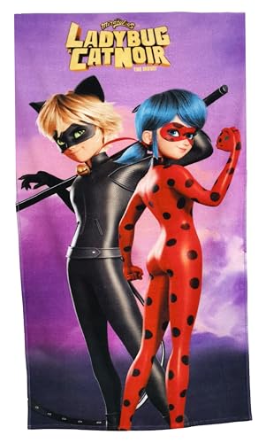 Kinder Handtuch Badetuch Strandtuch Duschtuch für Mädchen und Jungen 100% Baumwolle 70x140 cm (Ladybug Catnoir) von Halantex