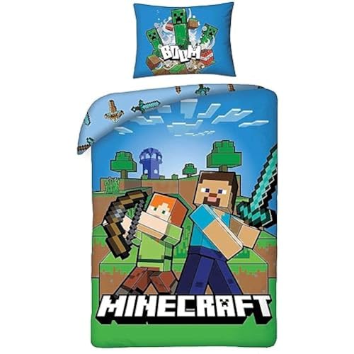 Minecraft Bettwäsche Bros 100% Baumwolle – Bettbezug wendbar 140 x 200 cm + Kissenbezug von Minecraft