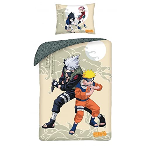 NARUTO 2 Figuren Naruto und Kakashi - Bettwäsche-Set aus Baumwolle - Bettbezug 140 x 200 cm und Kissenbezug 70 x 90 cm - mehrfarbig von Halantex
