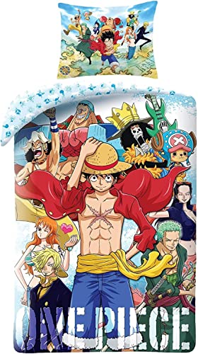 ONE PIECE Monkey D. Luffy und verschiedene Figuren - Bettwäsche-Set, Bettbezug 140 x 200 cm und Kissenbezug 70 x 90 cm - 100% Baumwolle - mehrfarbig von Halantex