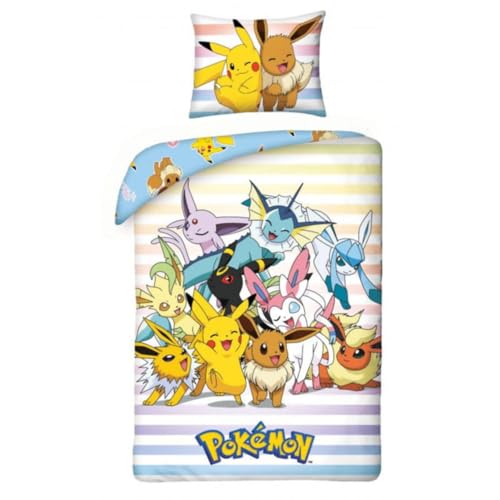 Pokemon Pikachu Eeveelutions Eevee - Bettwäsche-Set Bettbezug 140 x 200 cm + Kissenbezug 70 x 90 cm - wendbar - 100% Polyester - Mehrfarbig von Halantex