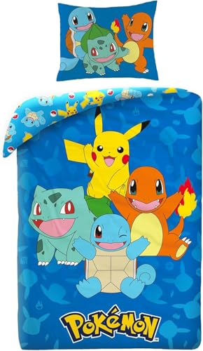 Pokemon Bettwäsche Set 135x200 + 80x80 · Pokémon Pikachu, Glumanda, Schiggy & Bisasam · KinderBettwäsche Set 2-teilig Bettbezug + Kissenbezug · Deutsche Größe · Microfaser Pokemon Bettwäsche Set 135x200 + 80x80 · Pokémon Pikachu, Glumanda, Schiggy & Bisasam · KinderBettwäsche Set 2-teilig Bettbezug + Kissenbezug · Deutsche Größe · Microfaser von Halantex
